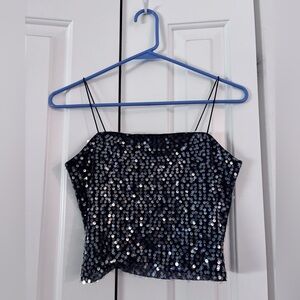 American Eagle Outfitters Black Sequin Spaghetti-Strap Crop Top